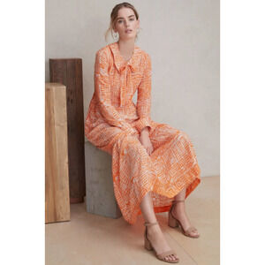 NWT Busayo Dele Orange Tribal Print Ruffle Collared Long Sleeve Midi Dress Large